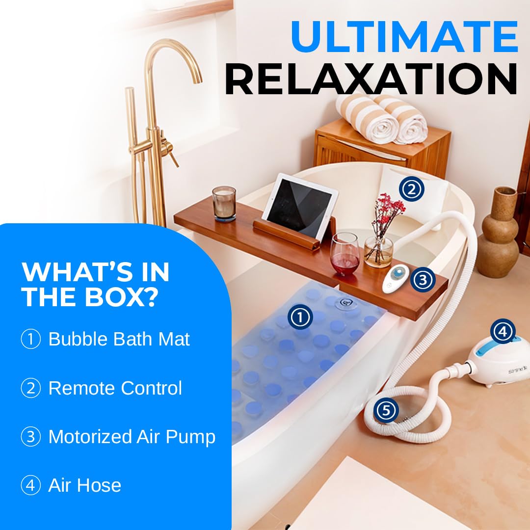 Portable Spa Bubble Bath Massager - Thermal Spa Waterproof Non-slip Mat with Suction Cup Bottom, Motorized Air Pump & Adjustable Bubble Settings - Remote Control Included - Serenelife PHSPAMT22