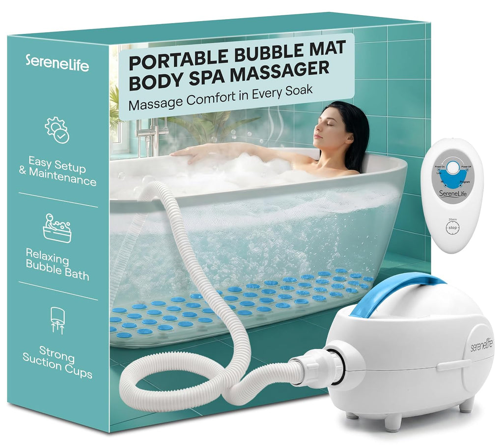 Portable Spa Bubble Bath Massager - Thermal Spa Waterproof Non-slip Mat with Suction Cup Bottom, Motorized Air Pump & Adjustable Bubble Settings - Remote Control Included - Serenelife PHSPAMT22